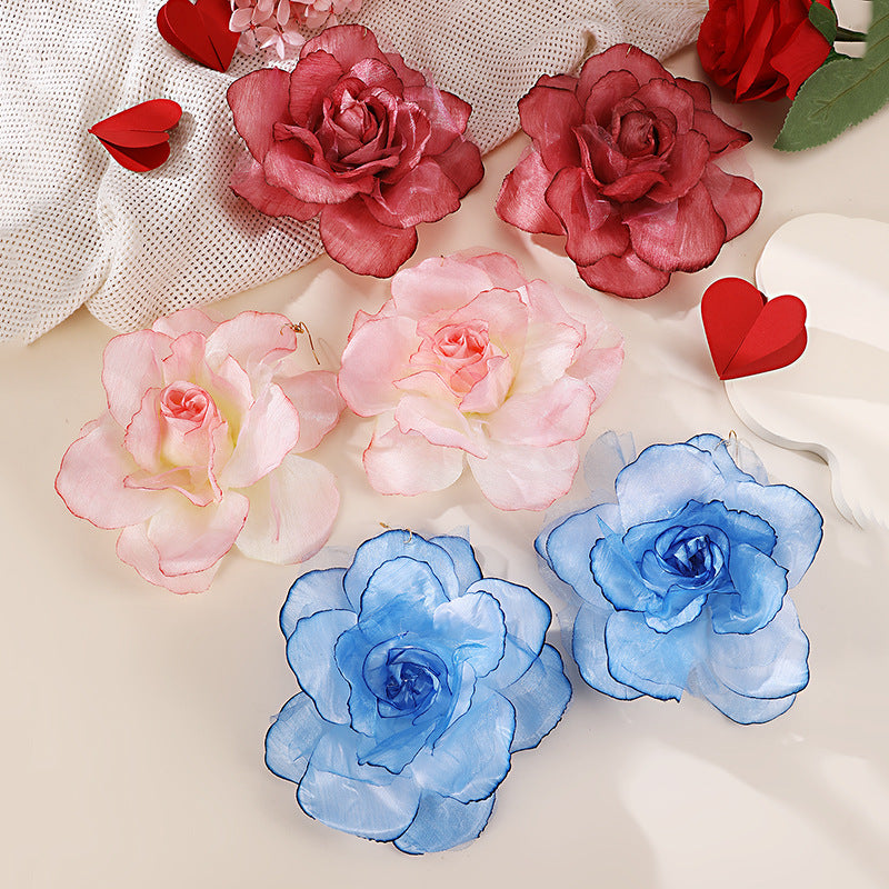 Wholesale EZ5486 Cross-border European and American Imitation Rose Silk Flower Gradient Three-dimensional Mesh Flower Pendant Women's Earrings Valentine's Day Jewelry